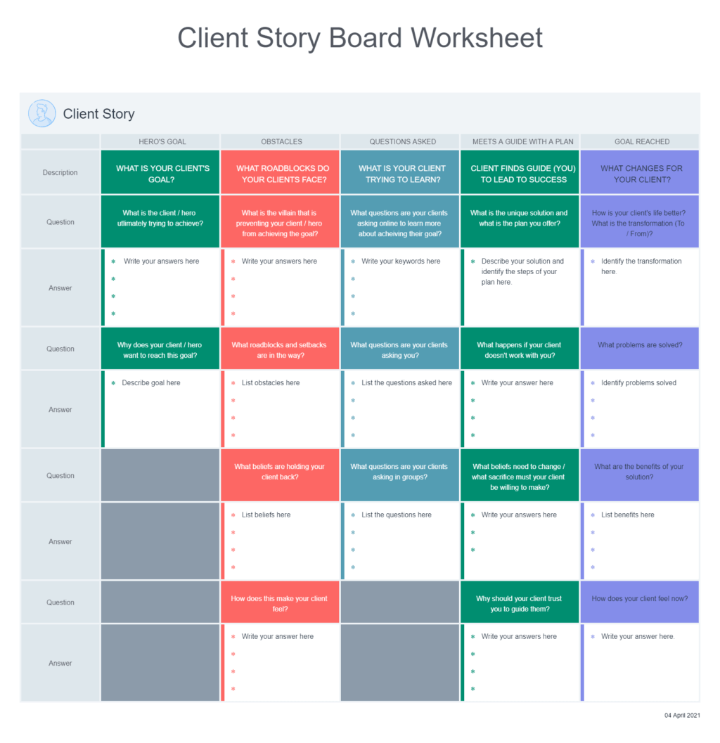 Client Story Board Worksheet