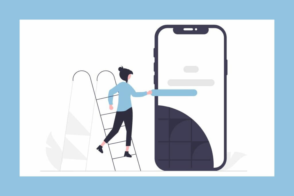 Girl on ladder next to mobile device mockup