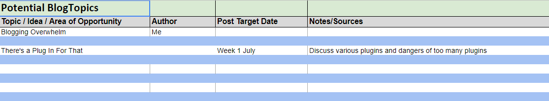Worksheet to track post ideas